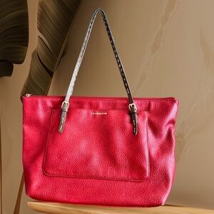 Liz Claiborne Red Faux Leather Tote Bag with Brown Straps